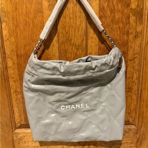 NEW Grey Shiny Tote Purse Bag with Silver Chain Straps